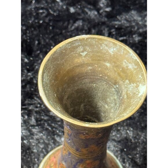 Handcrafted Brass Vase With Intricate Floral Design & Red/Blue Accents - Picture 3 of 6